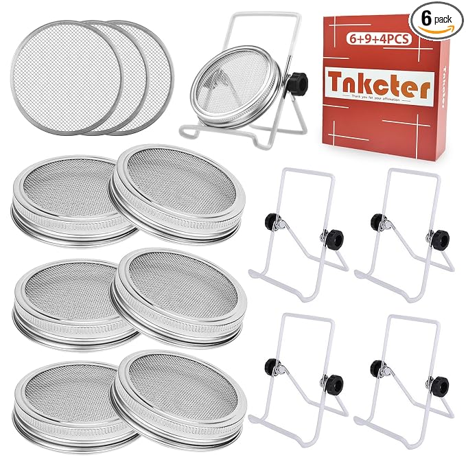 Seed Sprouting Jar Lid Kit with 9 Pack Stainless steel filter sheet and 4 Pack Stainless Steel Sprouting Stands for 86mm Wide Mouth Mason Jars for Growing Organic Sprouts 316 Stainless Steel（6 Pack）