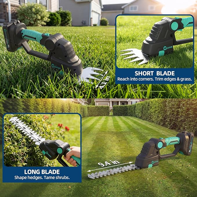 Garvee Cordless Hedge Trimmer with Battery - Grass Shear & Shrubbery Trimmer - 2 in 1 Handheld 20V Electric Grass Trimmer Hedge Shears Grass Cutter with 2 * 2.0Ah Batteries & Charge Base
