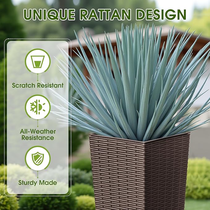 Devoko Resin Tall Planters for Outdoor Plants Set of 2, Large Taper Outdoor Planter Pots with 4 Drainage Holes, Flower Pots Modern Decor for Porch, Patio, Backyard, Garden(Brown, 23.6" with Trays)