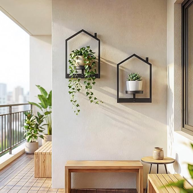 HOOBRO Hanging Planters for Indoor Plants, Wall Plant Holder Set of 2, Plant Hanger Indoor Window Plant Shelves, Metal Frame, Space Saving, for Living Room Outdoor Entryway, Black BK08HJP201