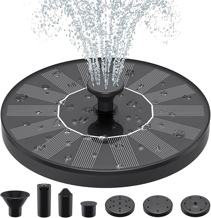 Priksia Solar Water Fountains,Solar Powered Bird Bath Fountain with 6 Nozzles - Free Standing Floating Solar Fountains for Bird Bath, Garden, Pond, Pool (Black-1.4W)