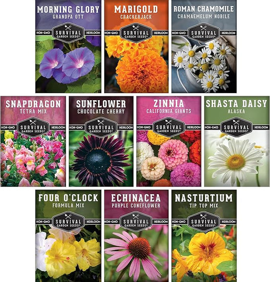 10 Flower Seed Collection for Planting - Zinnia, Sunflower, Marigold, Snapdragon, Nasturtium, Morning Glory, Chamomile, Shasta Daisy, Purple Coneflower, Four O’Clock - Survival Garden Seeds