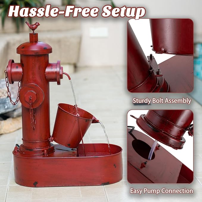 Water Fountain Outdoor, 27" Vintage Waterfall Fountain Red Fire Hydrant, Rustic Metal Outdoor Water Fountain with Tilted Bucket for Garden Patio Yard Deck Decor