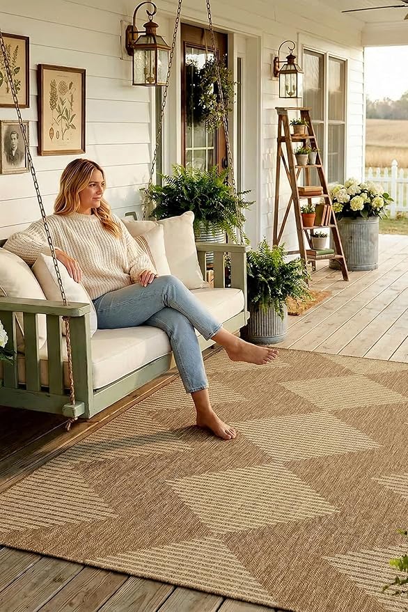 MontVoo-Outdoor Rug Carpet Patio Rug 4x6 ft Polypropylene Indoor Outdoor Rugs for Patio Deck Balcony Porch, Textured Weave, Durable for High Traffic, Fade-Resistant, Boho Geometric Neutral Brown