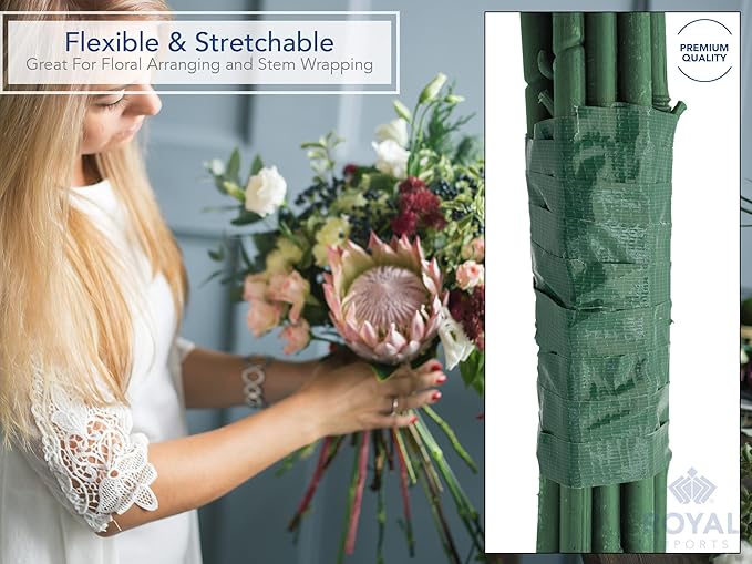 Royal Imports Floral Tape Green, Flower Stem Wrap Adhesive Waterproof Florist Tape for Decorative Bouquets Arranging and Crafts - 0.25" (60 Yd/180Ft) - 3 Rolls