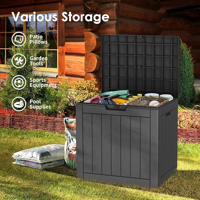 35 Gallon Outdoor Deck Box, Lockable Waterproof Outdoor Storage Boxes For Garden Tools,Indoor Cushions,Accessories Outside Storage Resin Weatherproof Container, Black