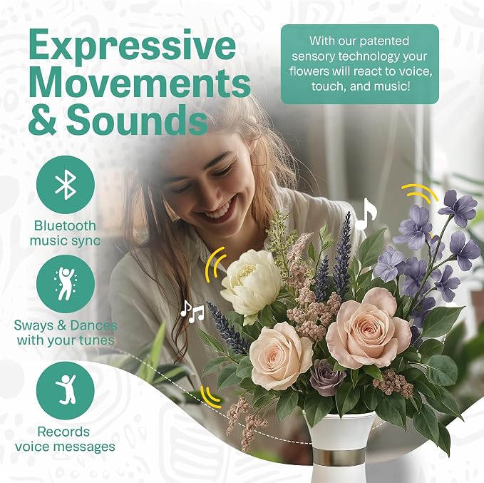 Interactive Robotic Pure Ivory Vase for Flower Bouquets | Bluetooth Capable, Touch Sensitive Floral Holder | Record a Message for Mother's Day, Birthdays, Anniversaries | 6x9 Inches