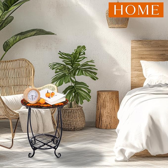 Cinnvoice Outdoor Side Table Round Small Mosaic Patio Accent Indoor End Plant Coffee Tea Table for Yard Patio Porch Garden Living Room, Bedroom(Pumpkin Style,14 Inch)