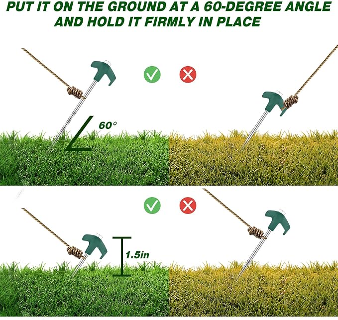 Hicarer 20 Pcs 12 Inch Tent Stakes Screw in Camping Stakes Heavy Duty Metal Spikes Ground Anchor Peg Threaded Tent Spikes with Hex Head Driver for Camping Garden Inflatable (Dark Green)