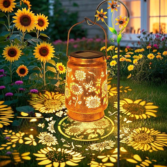Sunflower Solar Lanterns Outdoor Waterproof, Birthday Gifts for Women Mom Grandma, Metal Hanging Lantern Solar Lights LED Decoration with Shepherd Hook Outside for Yard, Patio, Porch, Garden Decor