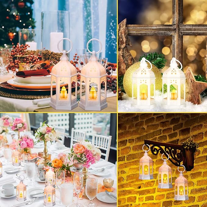 Hortsun 24 Pcs Vintage Lanterns Mini Lantern for Wedding Table Centerpiece Retro Decor with LED Candle Battery Powered Hanging for Medieval Wedding Cowboy Halloween Party Decoration Supplies(White)