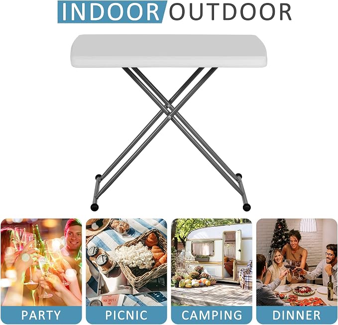 SUPER DEAL 2.5 Foot Plastic Folding Table, Indoor Outdoor Portable Heavy Duty Adjustable Height Kitchen or Camping Barbecues Picnic Party Tray Table, White