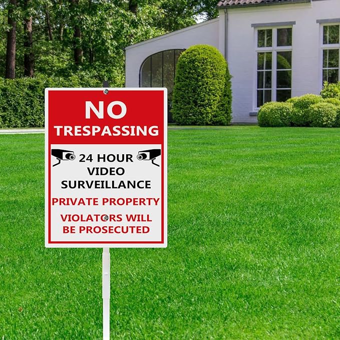 No Trespassing Private Property Sign Yard Sign With Stakes Video Surveillance Reflective Aluminum Yard Signs Rust Free For Lawn Garden Neighborhood (8x12) IN