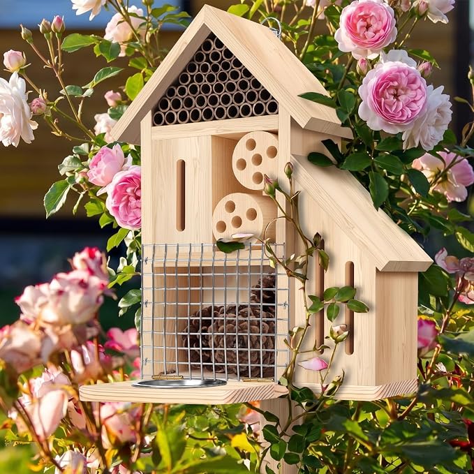 Hoteam Wooden Insect Hotel Bee Ladybugs Butterfly House Large Natural Mason Bee Lady Bug Hotel with Stake and Feeder for Garden Yard Backyard Attract Butterflies Pollinators Beneficial Insect(Natural)