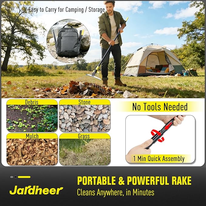 Jardineer Garden Rake for Leaves - Adjustable Metal Leaf Rake with Expandable Head and 59 Inch Long Handle, Rake for Camping, Debris, Tight Spaces and Yard Waste Removal