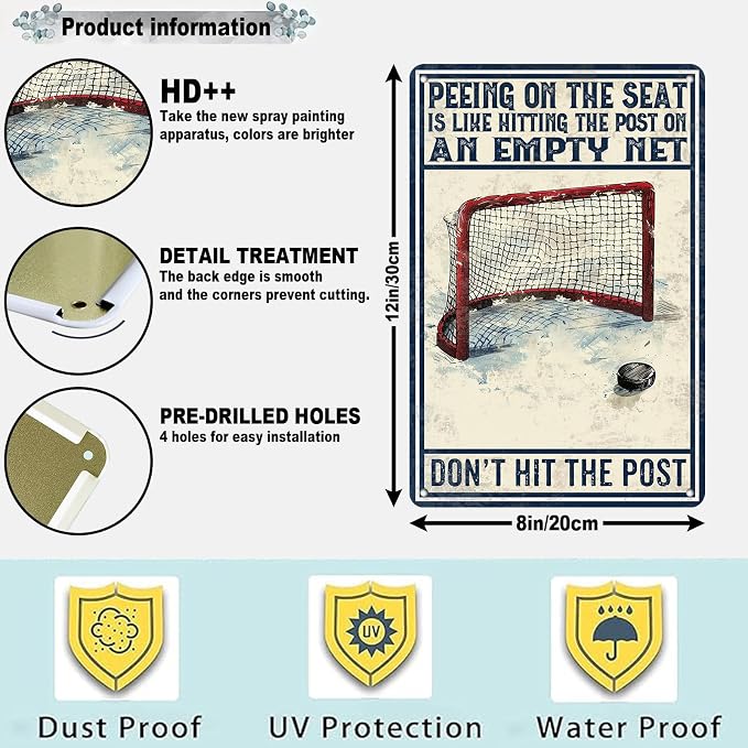 Metal Tin Sign Funny Hockey Wall Decorate Don't Hit The Post Sign for Home Man Cave Garage Bar Basement Decor 8x12Inch
