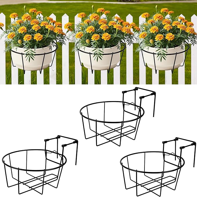 Adjustable Hanging Railing Planter, 3 Pack Fit 1.5 to 4.5 Inches Railing, Weather-Resistant Metal Balcony Rail Planters, Work for Outdoor Fence Deck Garden Patio Halloween Christmas Decor