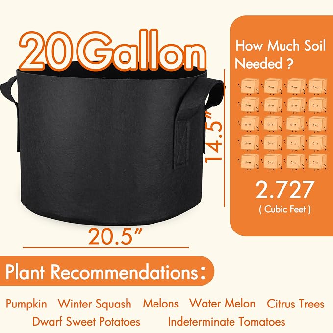 Gardzen 6-Pack 20 Gallon Grow Bags, 500G Thickened Aeration Fabric Pots with Handles, Heavy Duty Cloth Pots for Plants