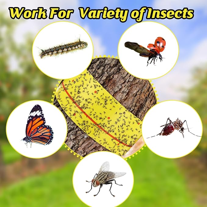 12 Rolls Spotted Lantern Fly Tree Trap 30 Feet Each Roll Lanternfly Tree Outdoor Fruit Fly Sticky Strips Paper Insect Sticky Barrier Trunk Wraps to Protect Plant, Lawn, Garden(Yellow and Red)
