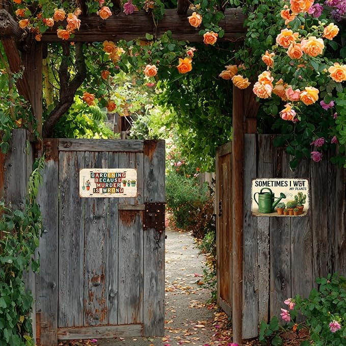 Garden Signs for Outside Metal Yard Wall Art Decor Gardening Gifts for Women Backyard Patio Garden Accessories Outdoor Funny Gardening Because Murder Is Wrong Tin Sign Greenhouse Decorations 12x6 Inch