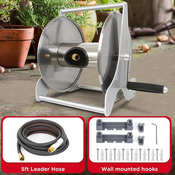 Stainless Steel Garden Hose Reel, Wall/Floor Mounted, Retractable with Crank, 135 Ft Capacity