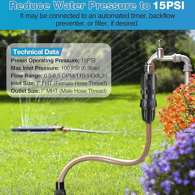 Drip Irrigation Pressure Regulator Faucet Adapter Kit, 3/4" FHT x 3/4'' MHT Pressure Regulator, 1/2 Inch Drip Irrigation Tubing Adapter(15 Psi,6 Pcs)
