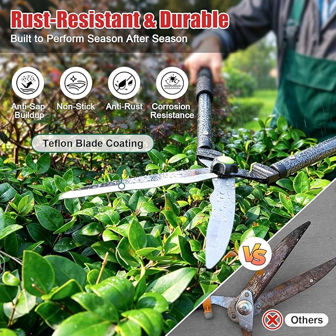 Sharp Hedge Clippers Shears Clean Cuts - 2×Leverage Long Handles for Effortless Trimming,Teflon Coated Anti-Slip Cutting Wavy Blades,Lightweight Hedges Shears for Gardening Yard Shaping Shrubs Bush