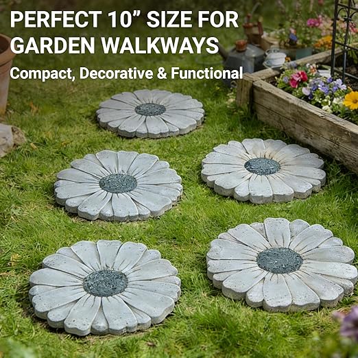 2 Pack Daisy Cement Stepping Stones 10 Inch, Heavy Duty Garden Pathway Stones, Non Slip Outdoor Walkway Decor for Yard Patio Lawn, Weather Resistant Cement Stepping Stones (Gray)