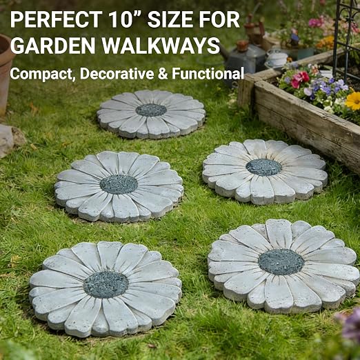 Heavy Duty Concrete Stepping Stone 10 Inch Daisy Design, Non Slip Garden Pathway Stone for Outdoor Walkway Yard Patio Lawn (Gray)