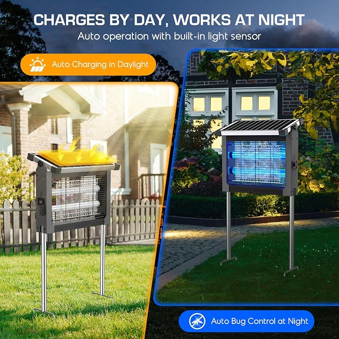 Solar Bug Zapper Outdoor Waterproof, 4500V High Power Cordless Mosquito Zapper with Smart Light Sensor, Dual Solar & USB Rechargeable Insect Killer for Patio, Garden, Backyard, Indoor & Outdoor Use