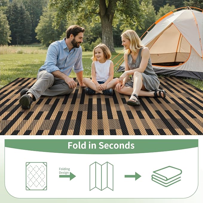 GENIMO Outdoor Rug for Patio Clearance, 6'x9' Reversible Plastic Straw Rugs, Lightweight Waterproof Geometric RV Camping Mat for Camper, Balcony, Deck, Backyard, Picnic, Black Brown