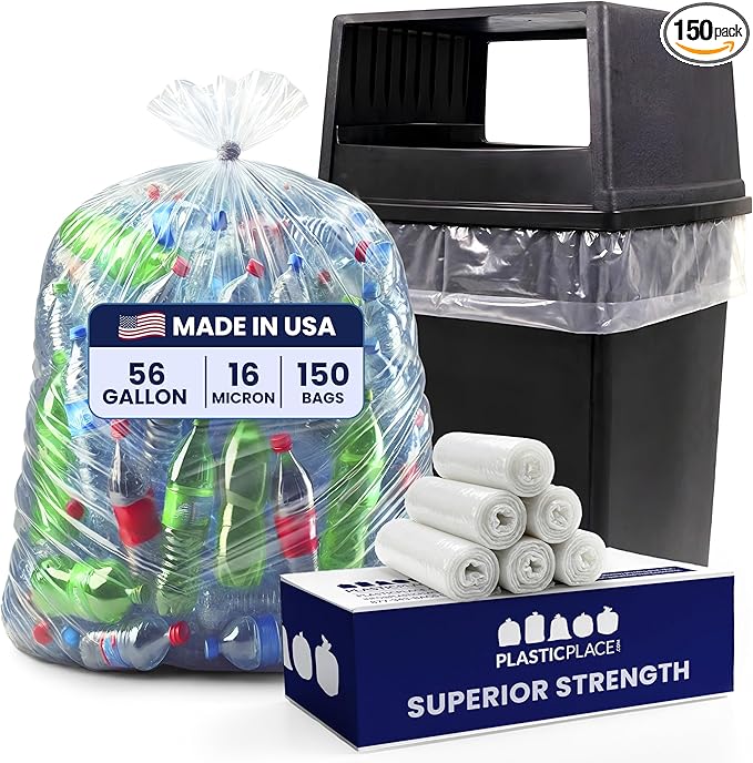 Plasticplace 56 Gallon Trash Bags - Clear High Density Garbage Bags - Heavy Duty, Scent-Free, Large Trash Can Liners for Kitchen, Commercial, & Garden Use 16 Microns, Leak-Proof, 43" x 48" (150 Count)