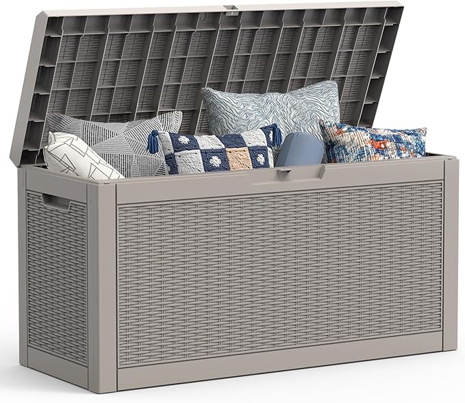 Mars Villa 60 Gallon Deck Box with Seat, Resin Outdoor Storage Box Waterproof, Lockable Lid, Weatherproof and UV Resistant, for Patio Furniture Cushions, Pool Supplies, Garden Tools, Grey