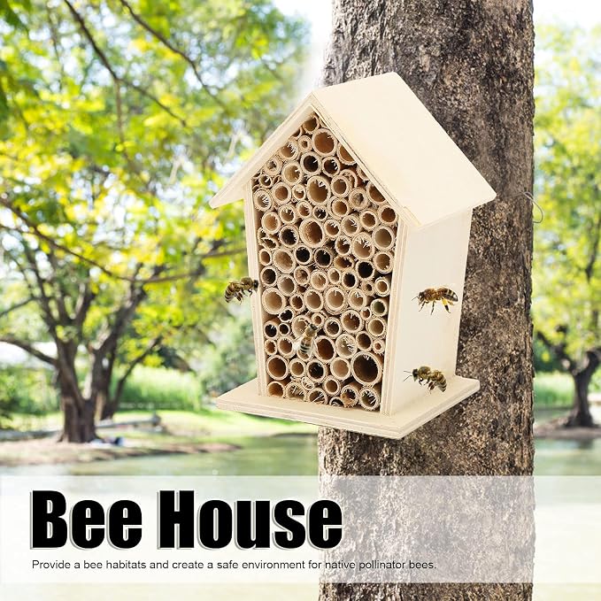 Native Hive Wooden Bee House, Natural Handmade Wooden Bee Box Habitat with Bamboo Tubes,Insect House Shelter for Attracting Peaceful Bee Pollinators (2PCS)