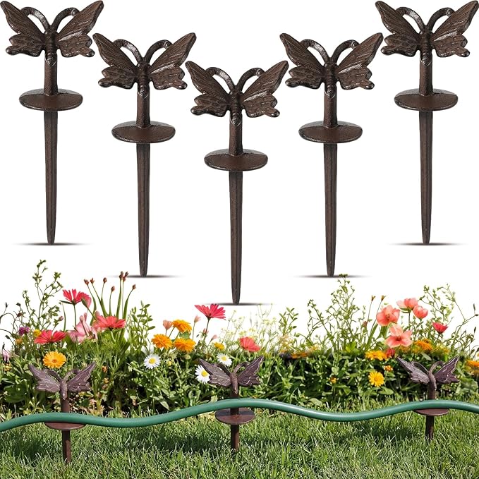 5 Pcs Garden Hose Guide Stake Bulk 9.45'' Rusty Butterflies Garden Hose Guide Spike Rust Decorative Cast Iron Stakes Heavy Duty Metal Outdoor Saver Tools for Lawn Yard Patio