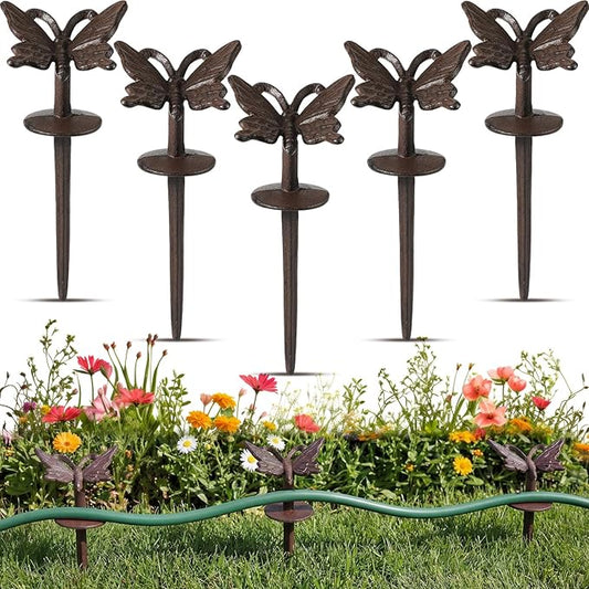 5 Pcs Garden Hose Guide Stake Bulk 9.45'' Rusty Butterflies Garden Hose Guide Spike Rust Decorative Cast Iron Stakes Heavy Duty Metal Outdoor Saver Tools for Lawn Yard Patio