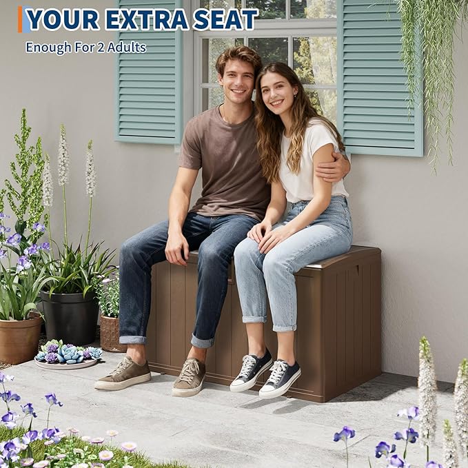 130 Gallon Resin Deck Box, Waterproof & Lockable Patio Storage Box with Hydraulic Lid for Outdoor Garden Tools, Pool Accessories & Cushions