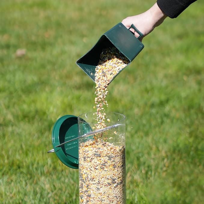Droll Yankees Squirrel Proof Bird Feeder for Outdoors – Rechargeable Weight-Activated Rotating Perch, 5lb Seed Capacity, Metal Base, UV-Stabilized Seed Tube, Hanging Green Yankee Flipper, YF-M