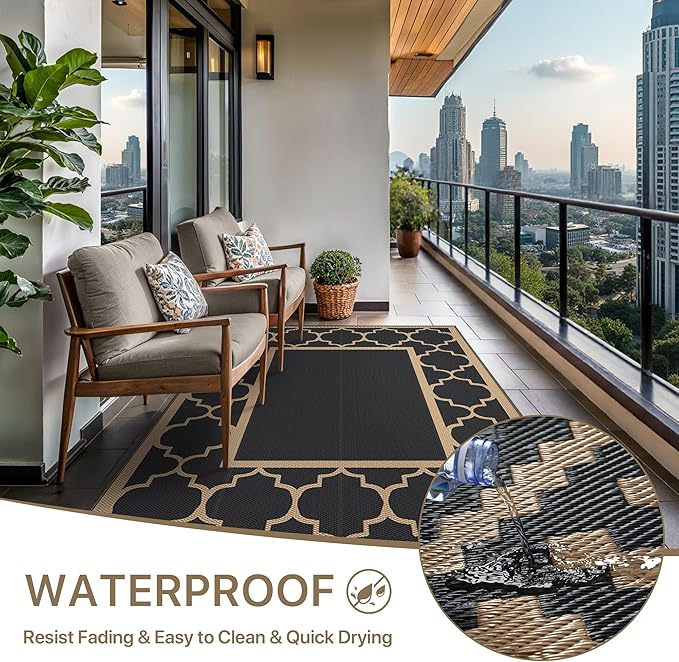 GENIMO 5' x 8' Outdoor Rug Waterproof for Patio Decor, Foldable Reversible Plastic Straw Area Rugs Mat for Camper, Outside Carpet for Rv, Deck, Porch, Picnic, Beach, Balcony, Black & Brown