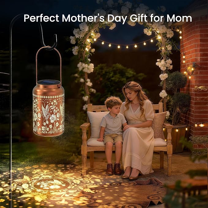 JEJOT Hummingbird Solar Lanterns Outdoor Waterproof, Birthday Gifts for Women Mom Grandma,Metal Hanging Solar Lantern for Yard,Garden,Porch Landscape Deconrations-1 Pack