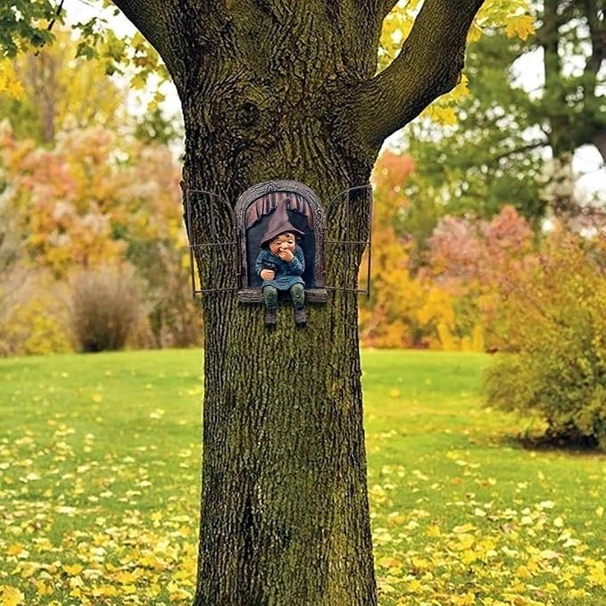 7.1-inch Elf Out The Door Tree Hugger,Fairy Garden Gnome Statue, Hanging Resin Gnome Figurine,Whimsical Tree Sculpture,Garden Peeker Statue,Ideal Patio Yard Lawn Porch Decoration