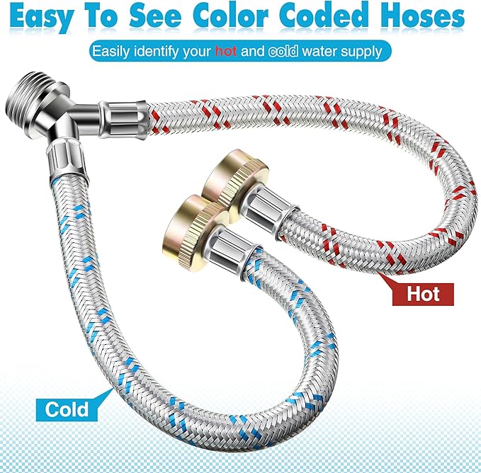 Dreyoo Hose Y Connector, 1 Ft Washing Machine Y Hose Split Stainless Steel, 3/4 Inch Brass Fittings, Hot and Cold Color Coded for Washing Machine Outdoor Faucets(1 Pcs)