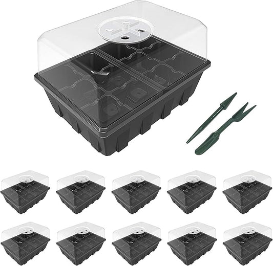 Gardzen 10 Pack Seed Starting Tray, Plant Germination Trays, Seed Starter Kit with Adjustable Humidity Vented Dome for Indoor&Outdoor Use, Plant Growing Kit 6.6" x 4.5", Total 120-Cell, Clear