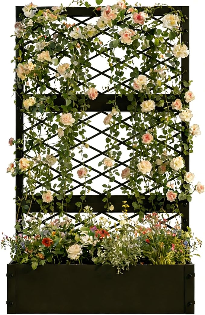 aboxoo 59 inch Metal Planter Planter Box with Privacy Screen Trellis Outdoor Raised Garden Bed Standing Garden Flower Bed with Drainage Holes(Black)