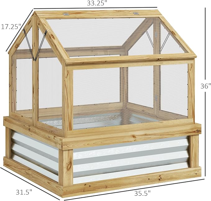 Outsunny Raised Garden Bed with Polycarbonate Greenhouse, Wooden Cold Frame Greenhouse, Garden Flower Planter Protection, Peak Roof, 35.5" x 31.5" x 36", Natural