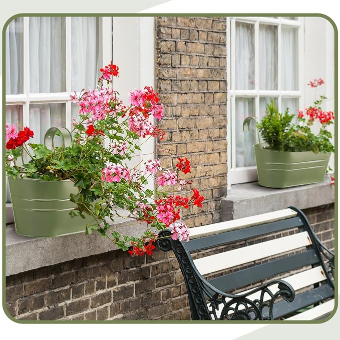 Hicarer Metal Hanging Flower Pots for Railing Fence, Large Hanging Rail Planters for Outdoor Window Balcony Plants Holder with Hooks for Garden Yard Home Decor(Green,4 Pcs)