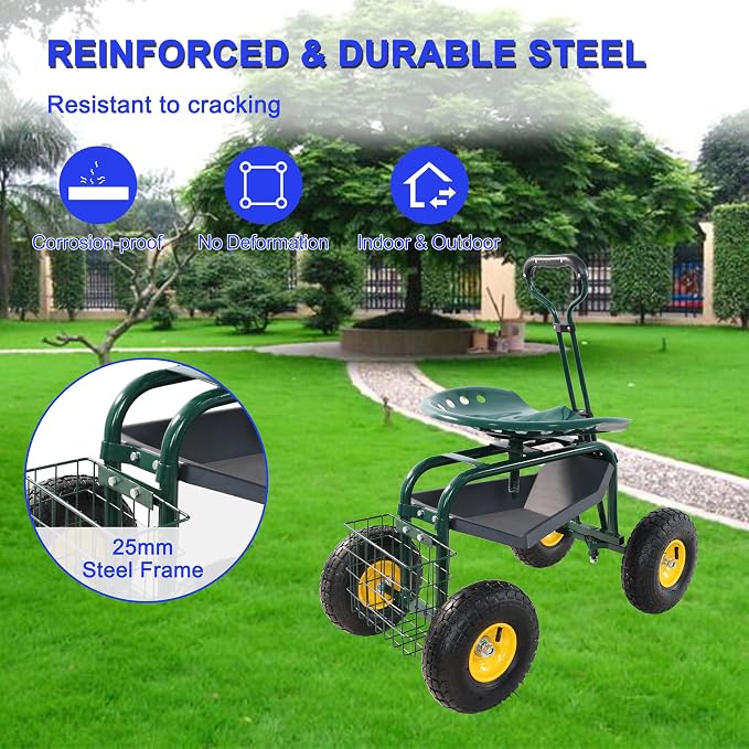 Heavy Duty Garden Cart Rolling Scooter with Adjustable Swivel Seat, 360° Rotation, 10" Pneumatic Tires, Extendable Steering Handle & Tool Basket – Outdoor Yard Gardening Seat with Storage Tray (Green)