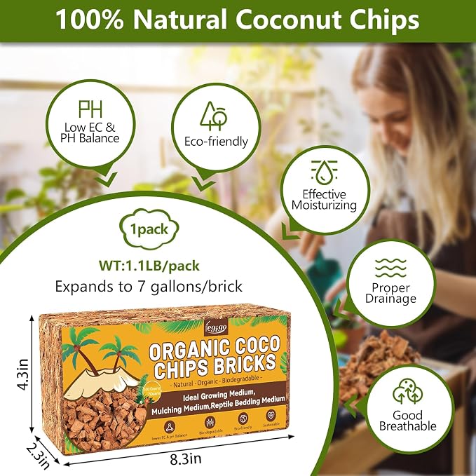 Legigo Pack of 10 Organic Coco Coir Bricks & 1.1 LB Coco Chips for Plants- Natural Compressed Coco Coir Brick Coconut Fiber Substrate for Planting & Gardening