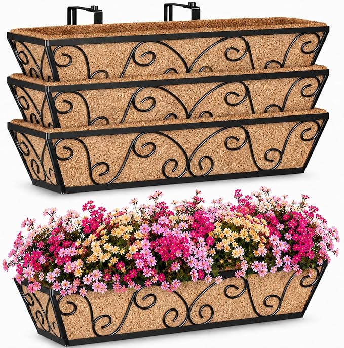 Y&M Railing Planter Boxes 24 Inch-4 Pcs, Adjustable Hanging Planters for Railing with Coco Liner, Heavy Duty Window Box Planters for Balcony, Deck, Porch, Patio
