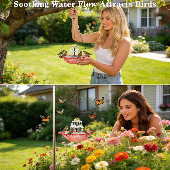 2026 New Solar Bird Bath Fountain, Large Hanging Cascade Water Bowl with Solar Pump, Outdoor Fountain for Hummingbirds, Garden, Patio & Backyard Decor (Purple)